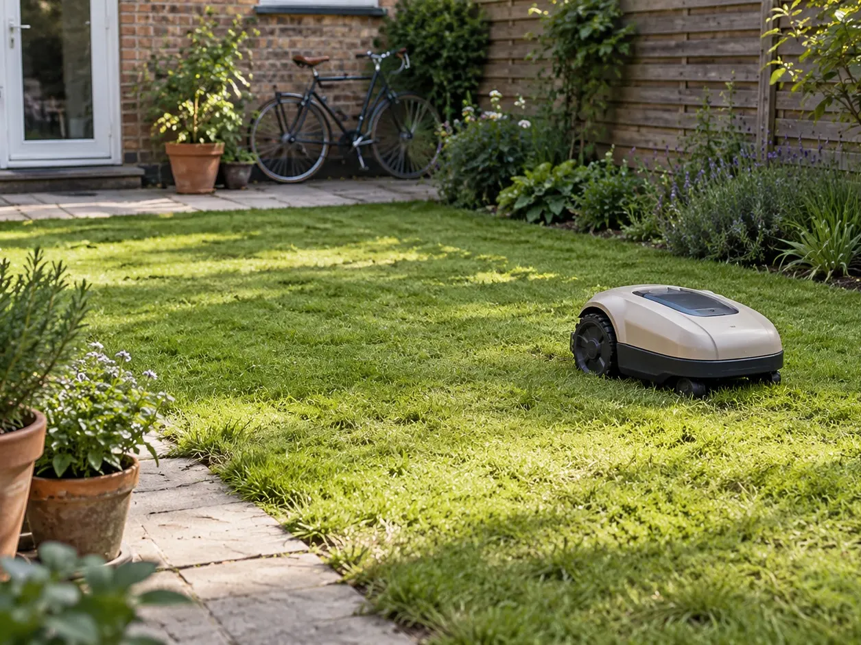 A small robot mower in a compact city garden
