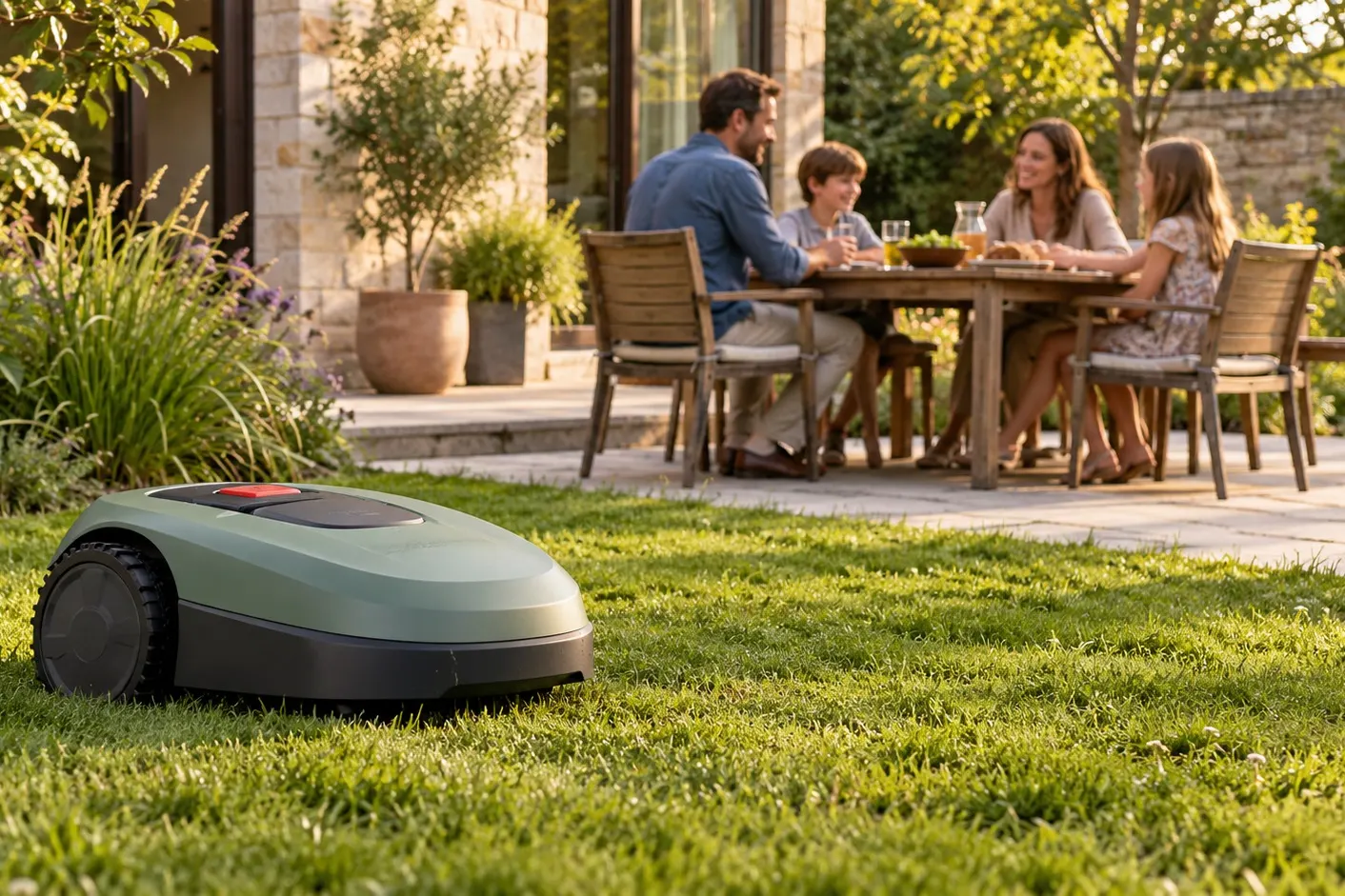 A green robot mower on the lawn while a family eats on the patio