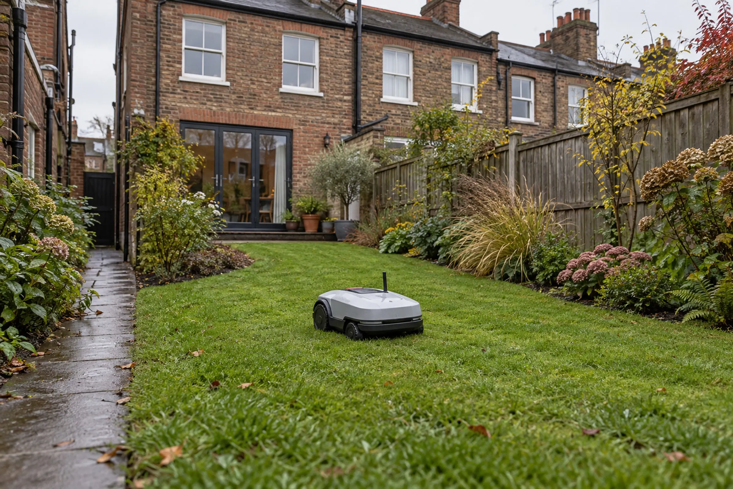 A robot mower in the back garden of a brick terraced house