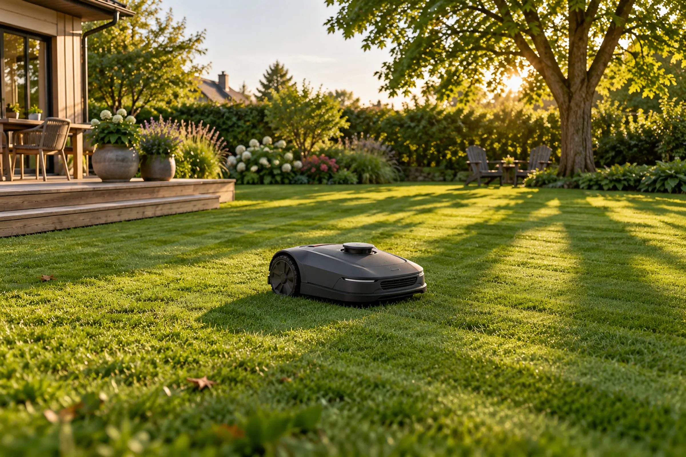 A robot mower on a striped backyard lawn in late afternoon light