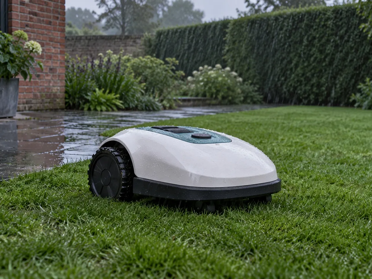 A white robot mower on wet grass in the rain